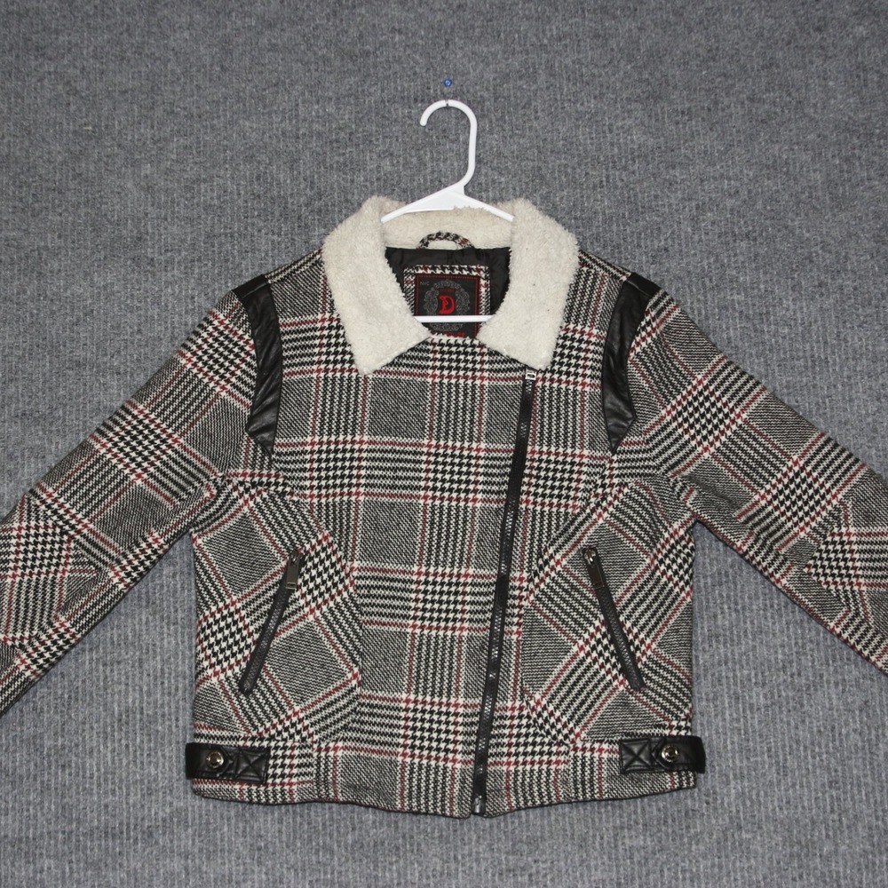 Dollhouse Outerwear Plaid Moto Jacket with Sherpa Collar Black‎ Red White L